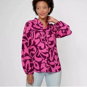 Belle Kim Gravel Modern Abstract Button-Front Blouse-Pink Flambe-Small-A620785
